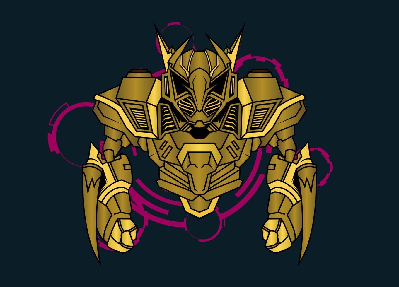 Modern vector illustration of Robotic Mecha Soldier Half Body armor. Golden metal colour. Trend design. Vector Eps 10. For game card, symbol of mascot.