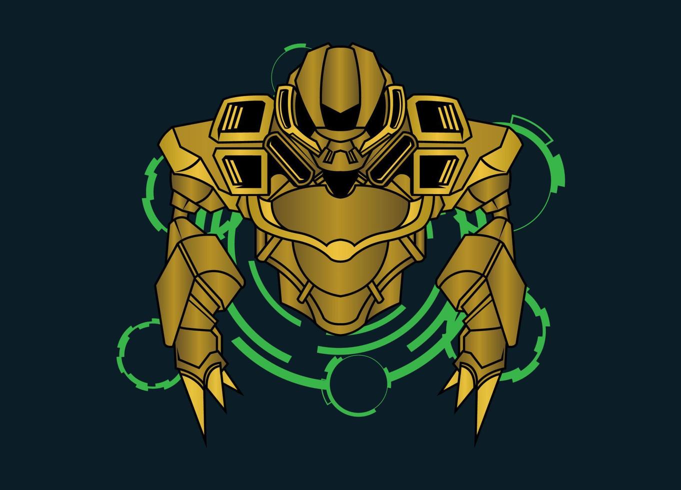 Modern vector illustration of Robotic Mecha Soldier Half Body armor. Golden metal colour. Trend design. Vector Eps 10. For game card, symbol of mascot.