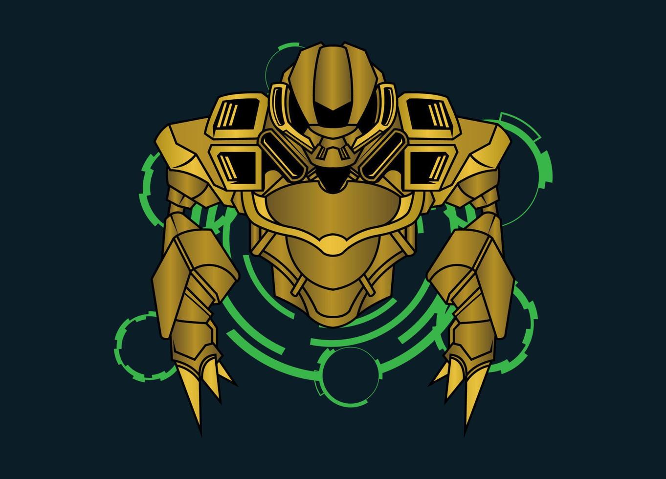 Modern vector illustration of Robotic Mecha Soldier Half Body armor. Golden metal colour. Trend design. Vector Eps 10. For game card, symbol of mascot.