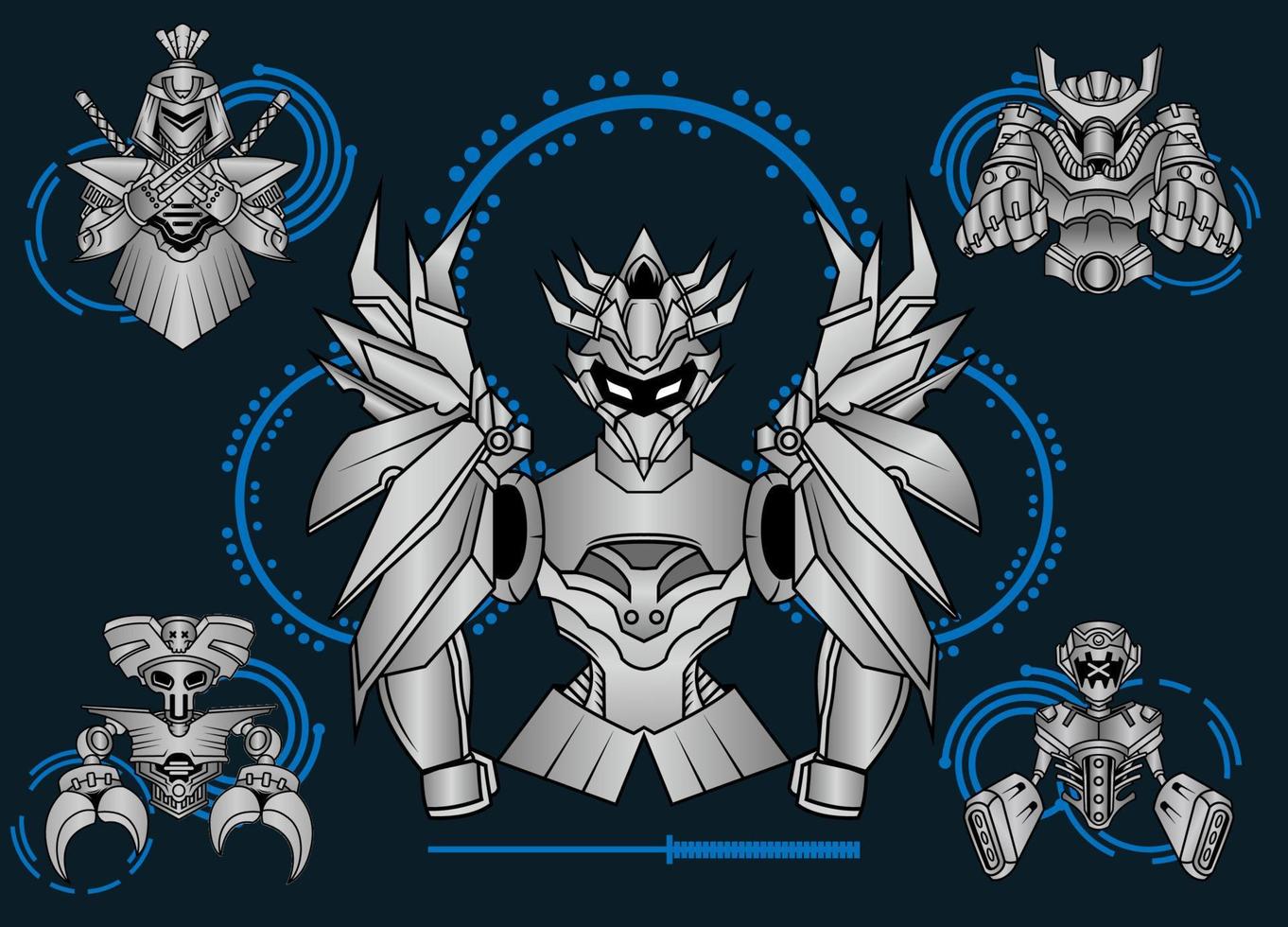 Modern vector illustration of Robotic Mecha Soldier Half Body armor. Titanium metal colour. Trend design. Vector Eps 10. For game card, symbol of mascot.