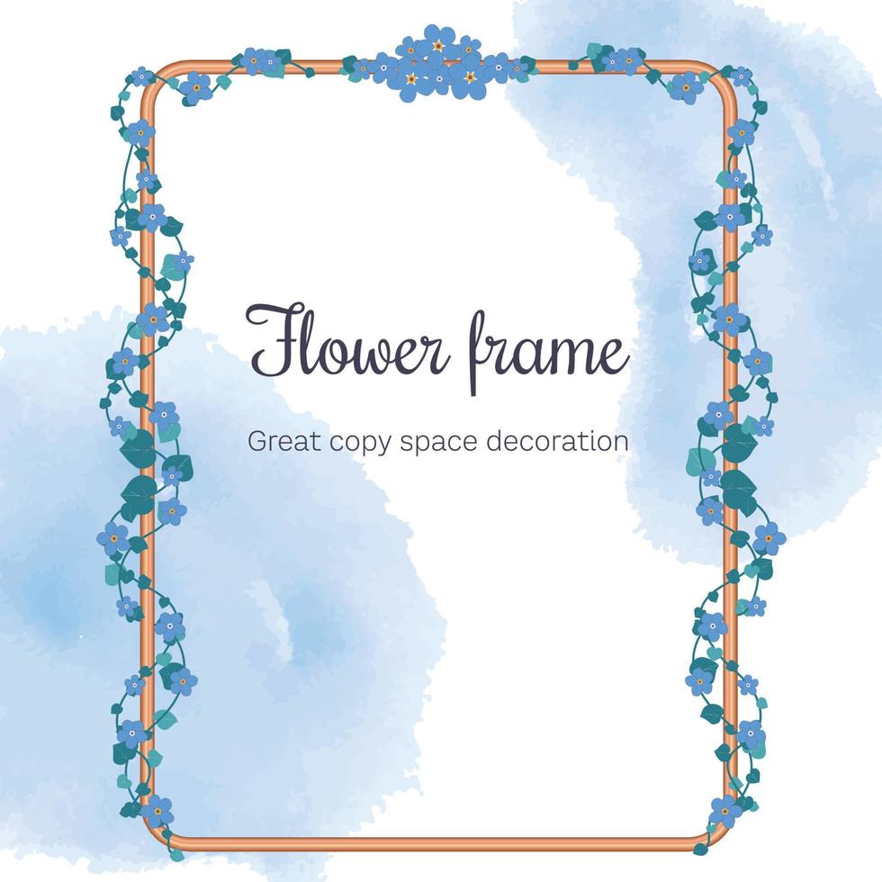 Floral frame forget-me-not blue flowers and bronze frame vector