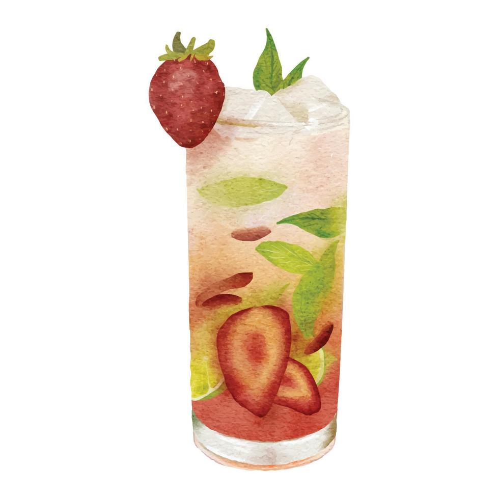 watercolor illustration of drink with strawberry mint clip art vector