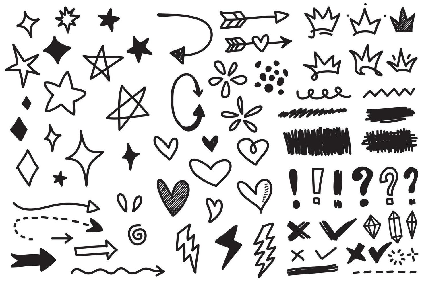 Vector set of different crowns, hearts, stars, crystals, sparkles, arrows, lightning, diamonds, signs and symbols. Hand drawn, doodle element isolated on a white background.