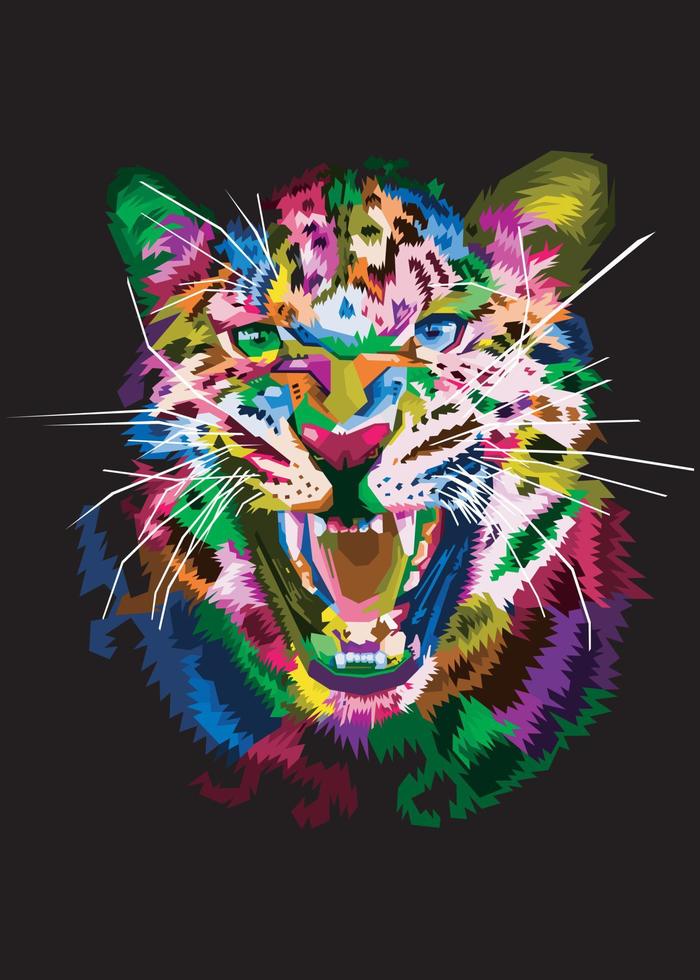 colorful leopard head in pop art style isolated on black background vector