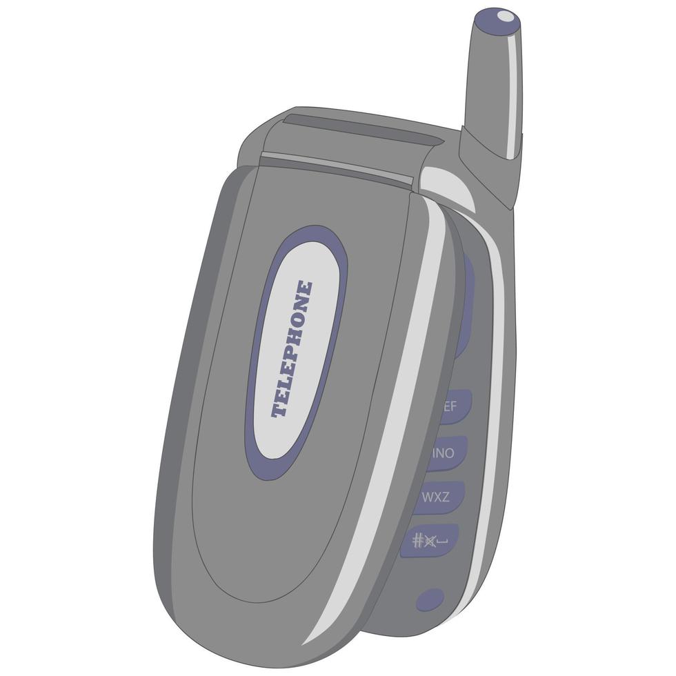 An old cell phone with an antenna. Portable mobile phone of the 90s. Retro model of a wireless mobile phone, a device with a hinged lid. vector