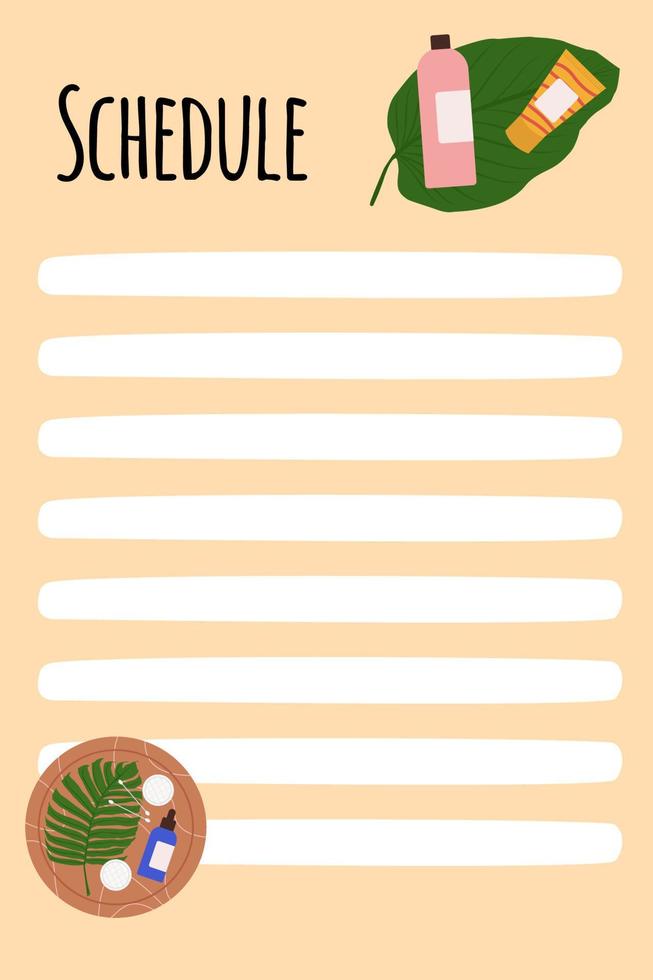 Self Care schedule with daily beauty treatments. Trendy minimalist planner in pastel colors. Flat illustrations of cosmetics. vector