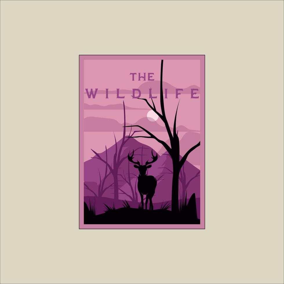 asta o ciervo en el cartel del bosque muerto diseño gráfico de plantilla de ilustración vectorial minimalista vintage. banner de naturaleza al aire libre de vida silvestre para viajes de negocios o concepto de medio ambiente vector