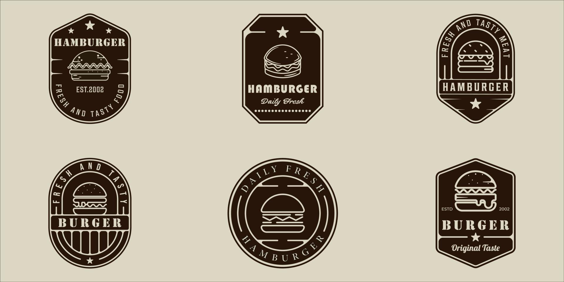 conjunto de diseño gráfico de icono de plantilla de ilustración de vector de arte de línea de logotipo de hamburguesa o hamburguesa. colección de paquetes de varios signos o símbolos de comida rápida para restaurante de negocios o cafetería con placa