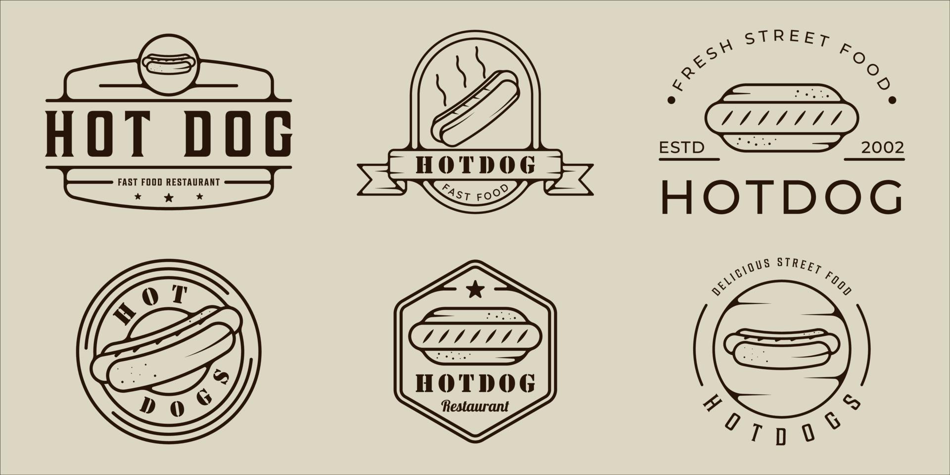 conjunto de hotdog línea arte vector ilustración plantilla icono diseño gráfico. colección de paquetes de varios perritos calientes callejeros y letreros o símbolos de comida rápida para restaurantes de negocios y cafés con placa