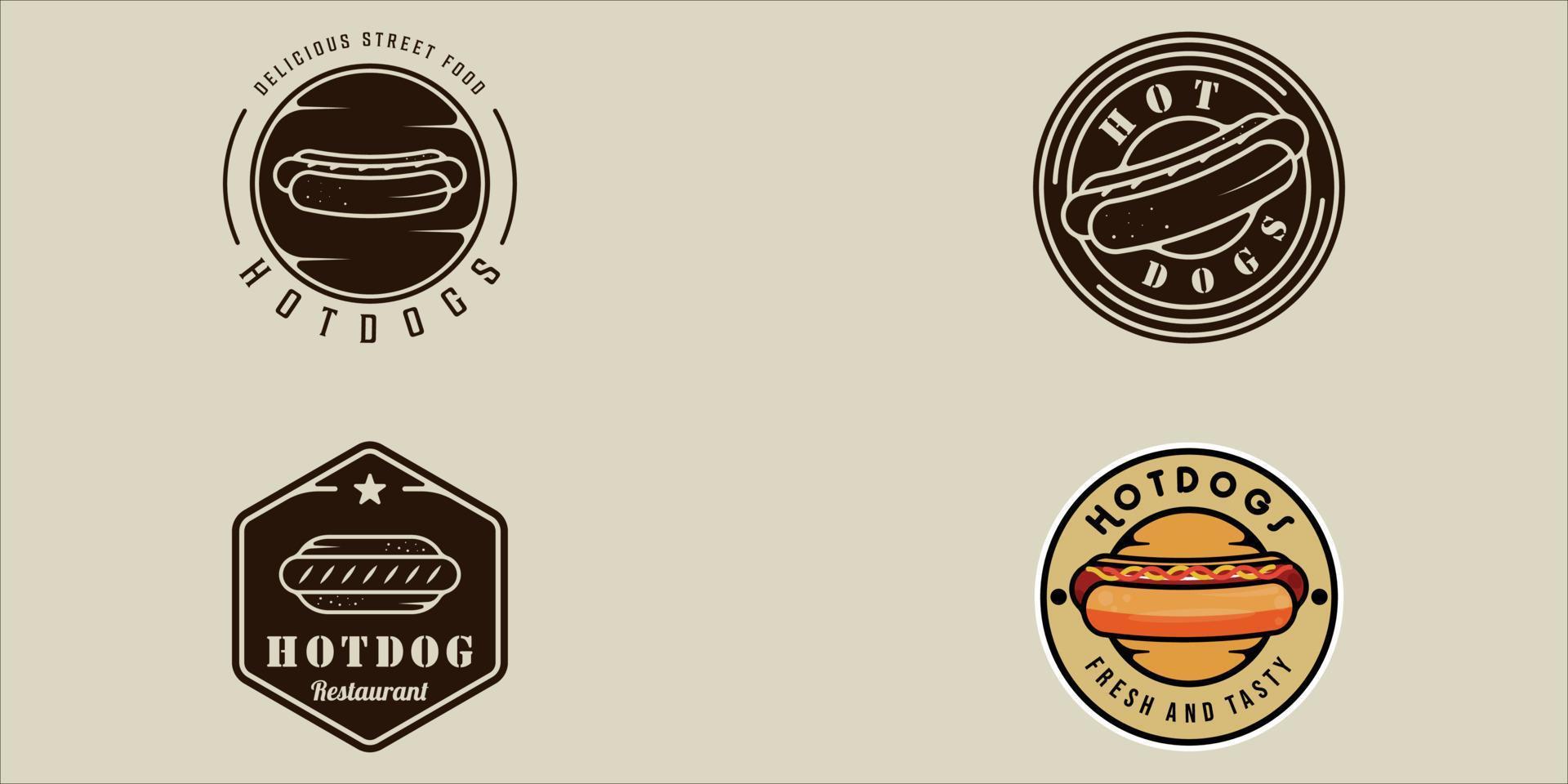 conjunto de emblema hotdog vintage vector ilustración plantilla icono diseño gráfico. colección de paquetes de varios perritos calientes callejeros y letreros o símbolos de comida rápida para restaurantes de negocios y cafés con placa