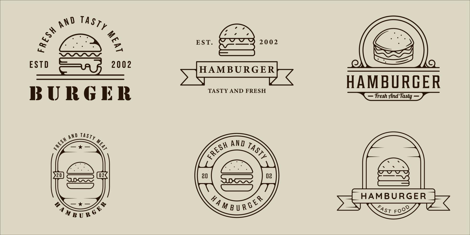 conjunto de diseño gráfico de icono de plantilla de ilustración de vector de arte de línea de logotipo de hamburguesa o hamburguesa. colección de paquetes de varios signos o símbolos de comida rápida para restaurante de negocios o cafetería con placa