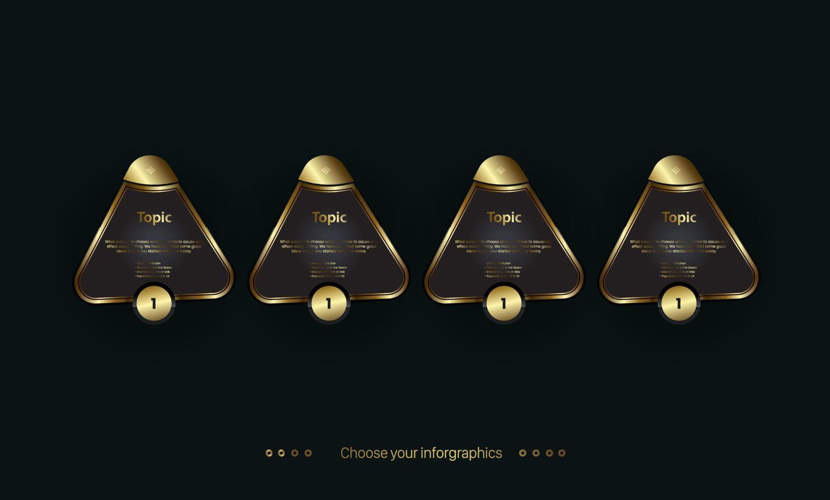 Groups of luxury triangle buttons templates on dark background in Golden colorised Infographic design vector