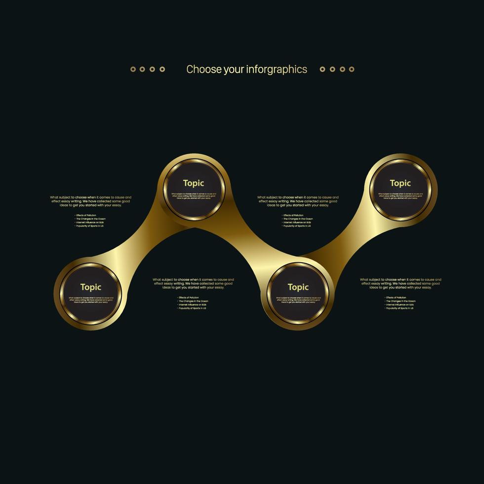 Luxury chains of infographic circles buttons design on dark background. steps elements for presentation, vector