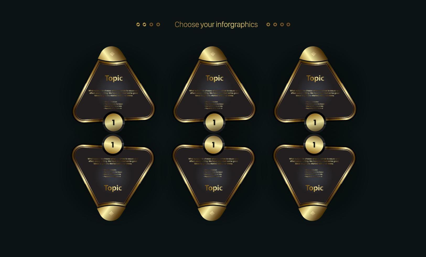 a group of premuim triangle buttons designs on dark background. A luxury triagle options in golden color theme concept, vector and illustration