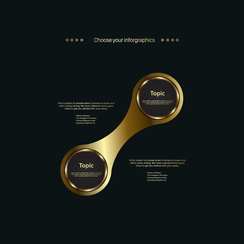 un moderno diseño de botones de círculos infográficos de conexión de lujo sobre fondo oscuro. objetos dorados para botones web vector