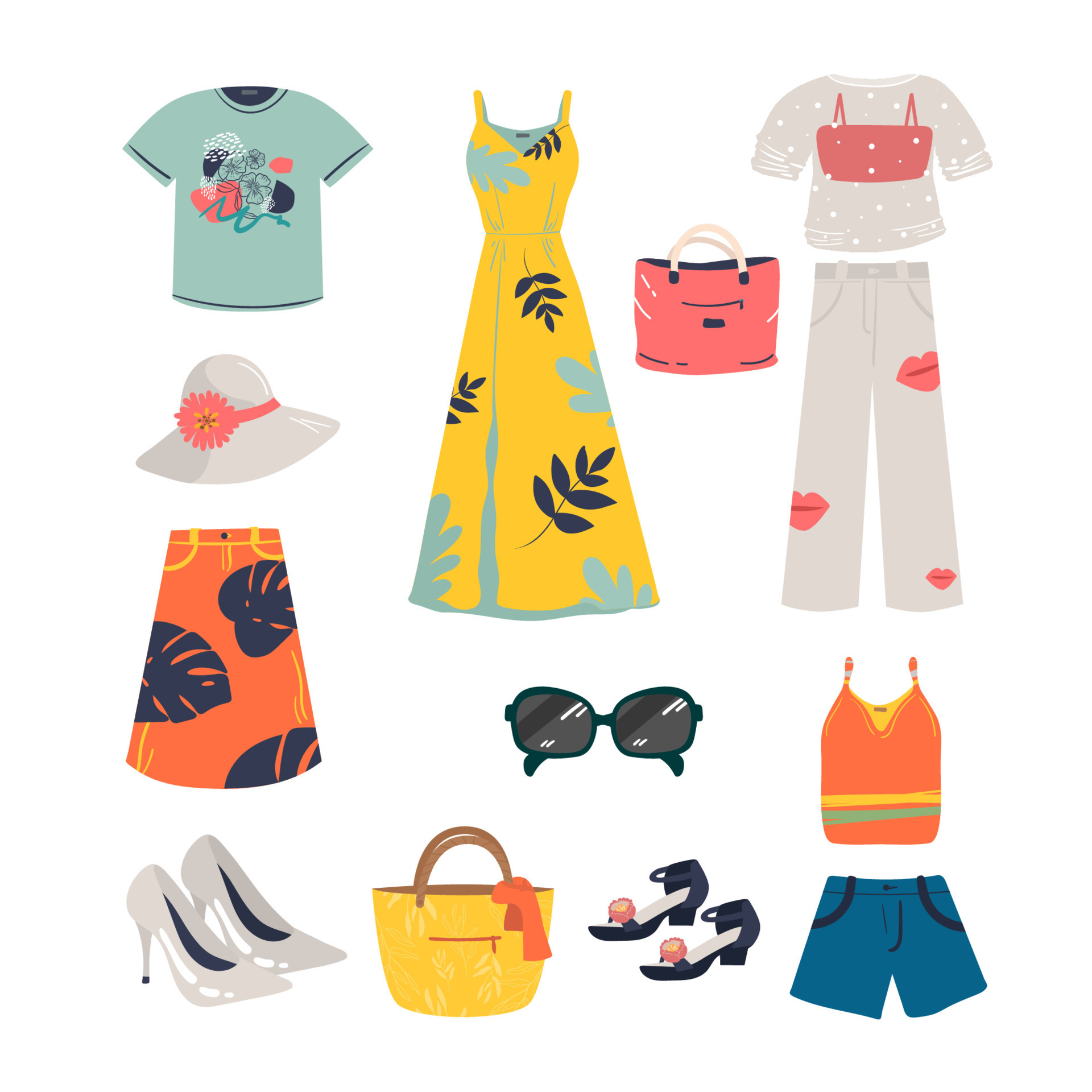 Woman summer clothing vector icon set. dress, sundress, shorts, skirt ...