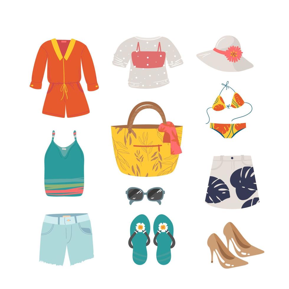 Woman summer clothing vector icon set. dress, sundress, shorts, skirt, shoes, bag, T-shirt, hat, glasses pants blouse sandals Clothes collection. Vector illustration.