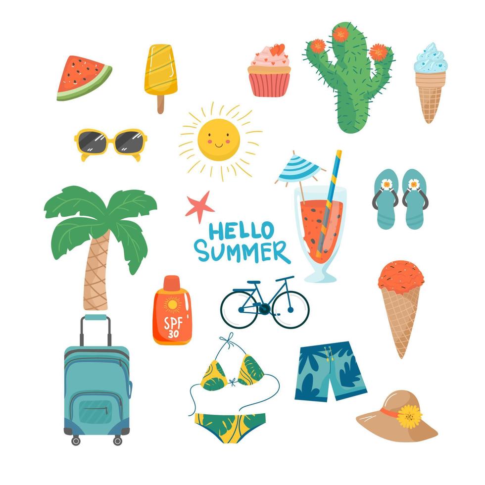 Set of cute summer icons vector