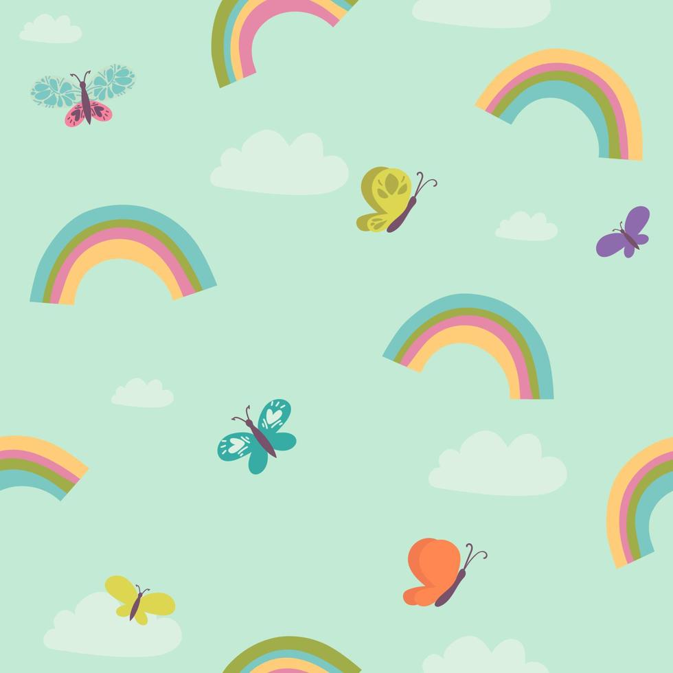 spring Seamless pattern with rainbow, sky, clouds , sun, butternfly , leves illustration background pattern. childish pattern. Vector illustration. textile, print, surface design, fashion kids wear