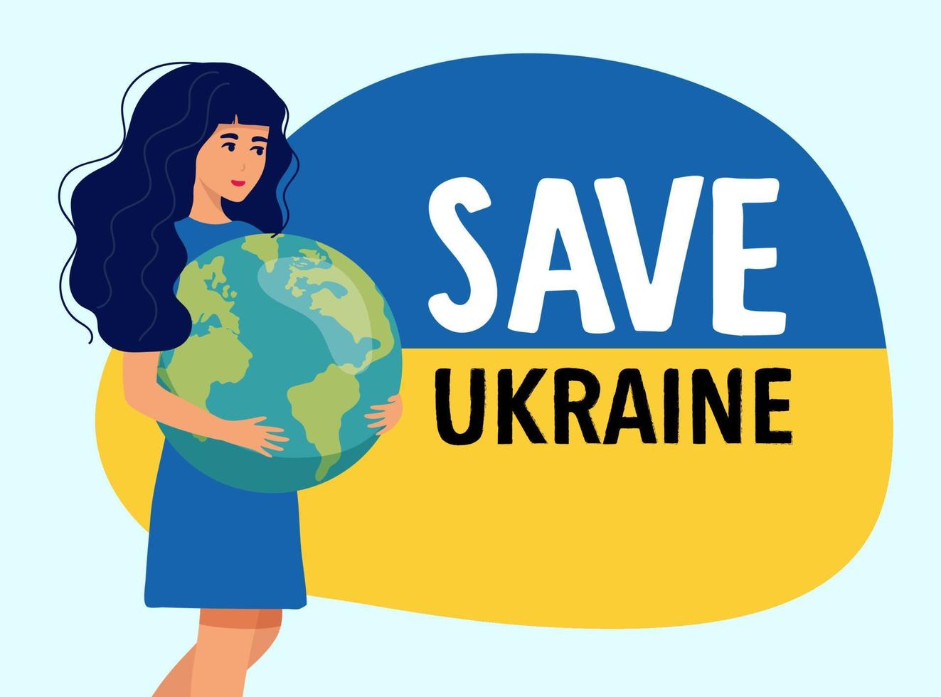 Beautiful girl symbol of Ukraine holds the Globe in her hands. War in Ukraine with the aggressor. Isolated character on white background Vector illustration. Vector illustration