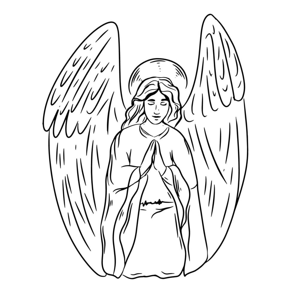 ángel reza de rodillas símbolo religioso del cristianismo dibujado a mano ilustración vectorial boceto negro sobre blanco. Dibujo a mano vector