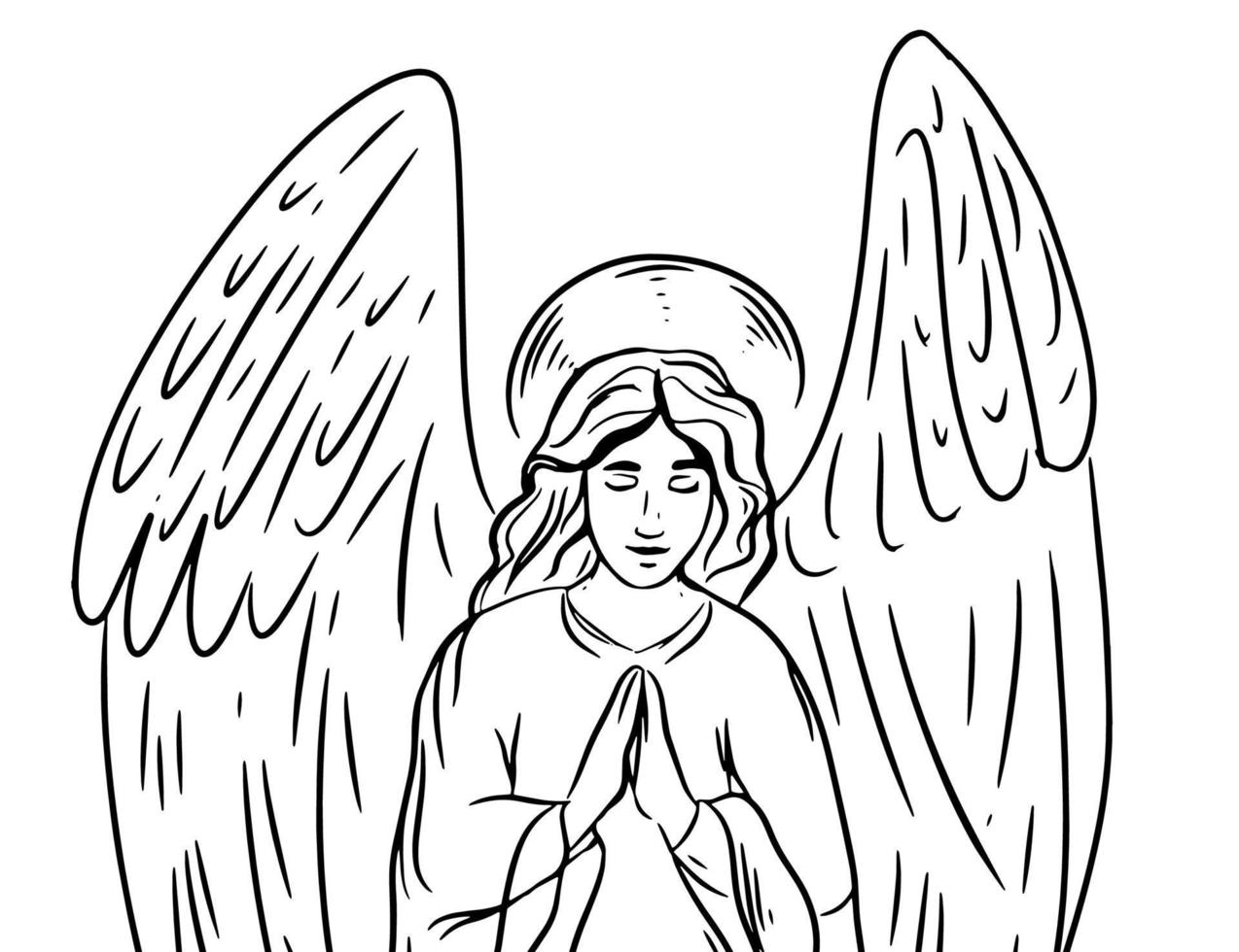 ángel reza símbolo religioso de la cristiandad dibujado a mano ilustración vectorial boceto negro sobre blanco. Dibujo a mano vector