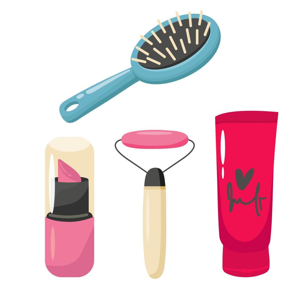 conjunto de crema en tubo rojo, botella. protección para la piel. icono plano. ilustración vectorial aislado sobre fondo blanco vector