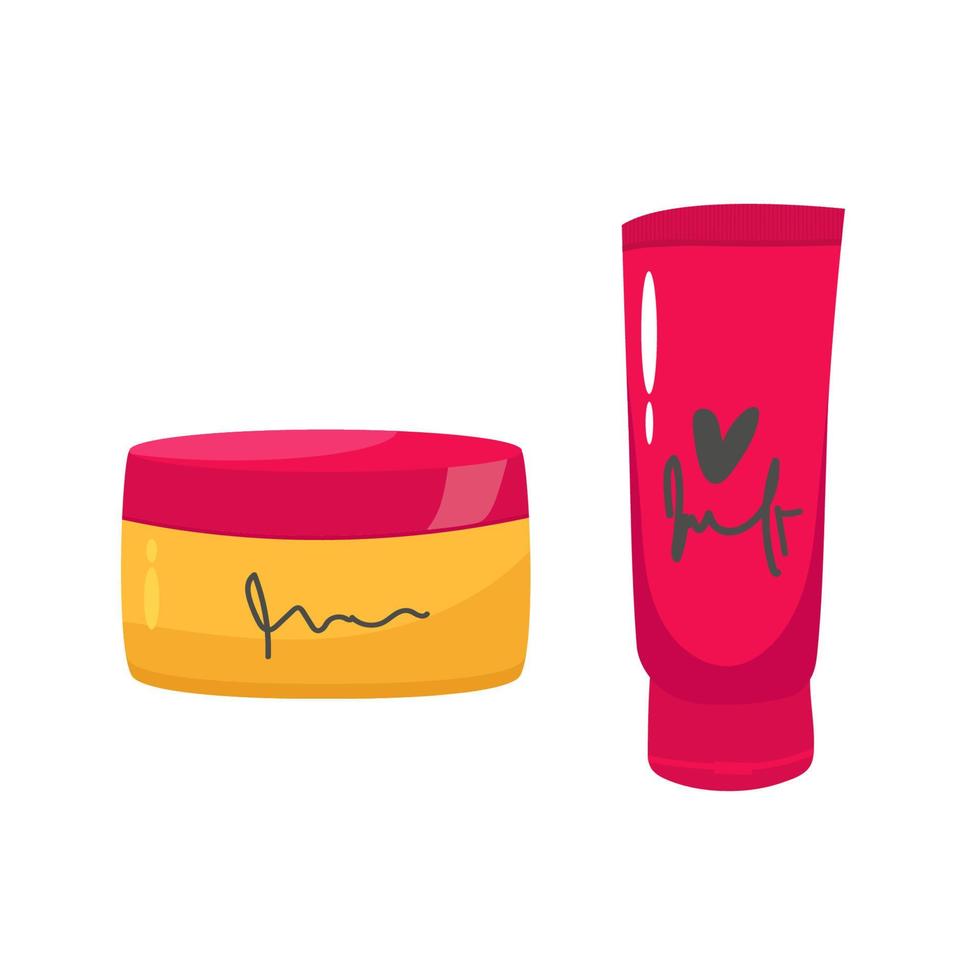 set of cream in red tube, bottle . protection for the skin . Flat icon. Vector illustration isolated on white background