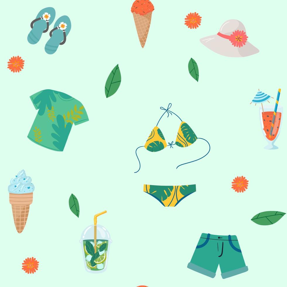 Hand drawn vector abstract cartoon summer time. Fun illustration seamless pattern with palm tree, swimsuit, bikini, swimming trunks, shorts, lifebuoy. Vector illustration. Vector illustration.