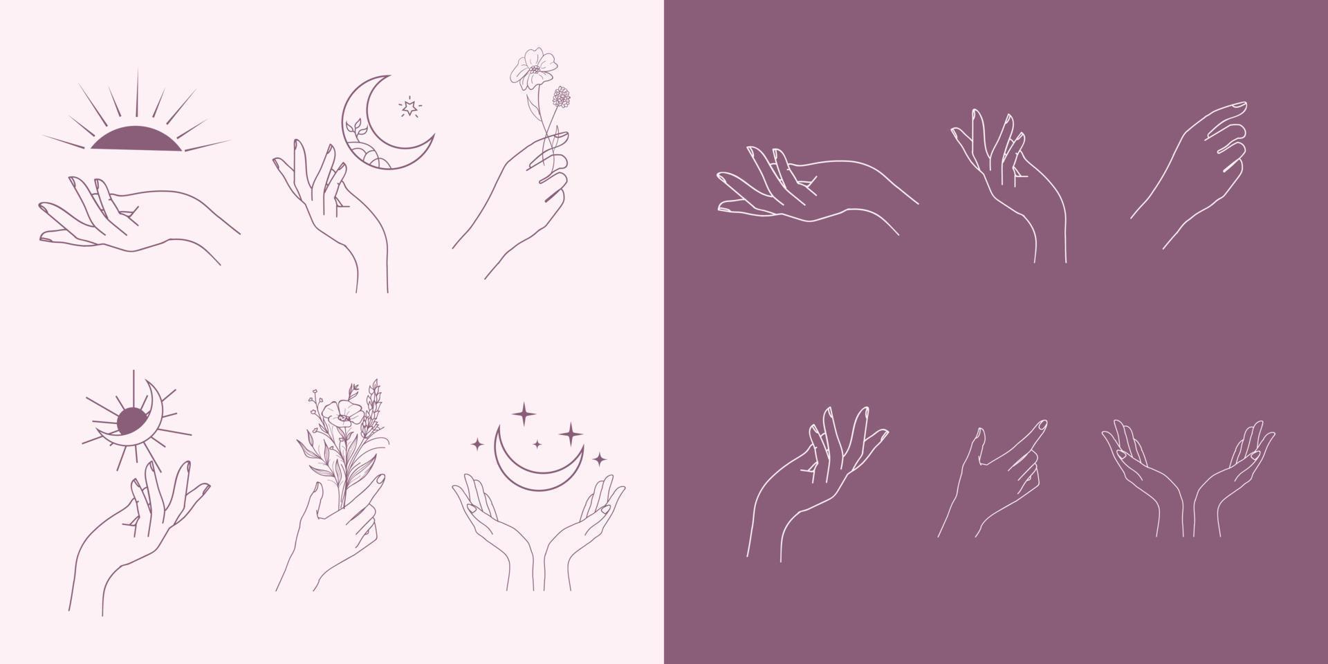 un conjunto de colecciones de iconos de mano de mujer en un estilo lineal mínimo. plantillas de diseño de logotipos vectoriales con diferentes gestos manuales, cristal. para cosmética, belleza, tatuaje, spa, femenino, joyería. vector