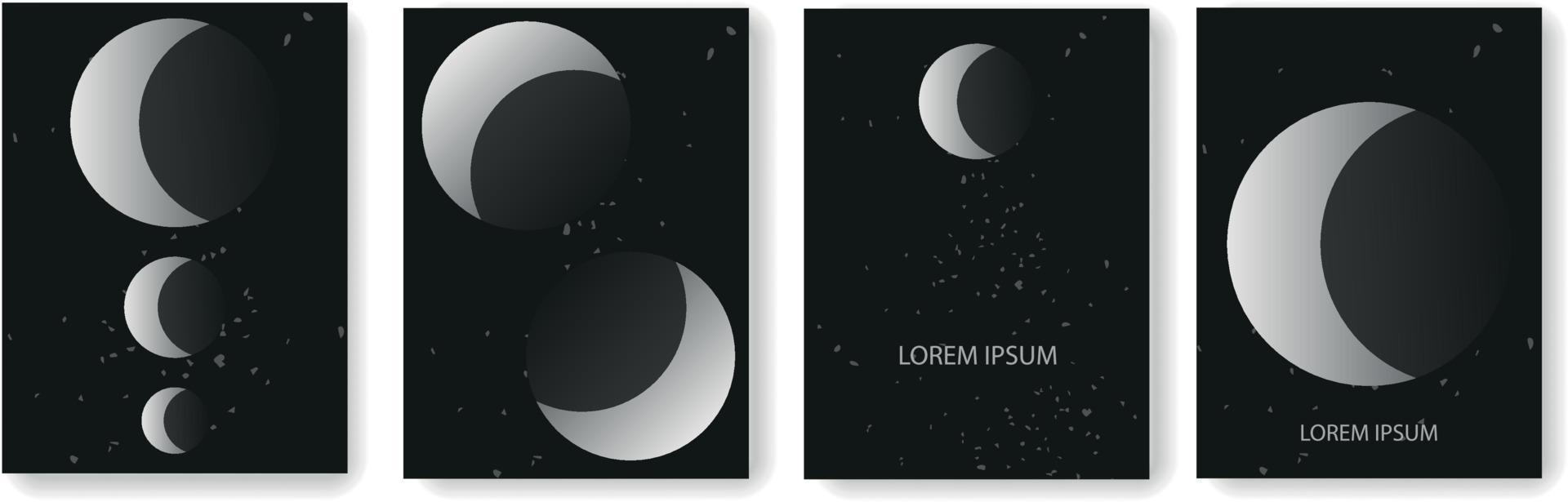 Set collection of black backgrounds with gray moon and stars elements vector