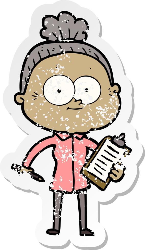 distressed sticker of a cartoon happy old woman vector