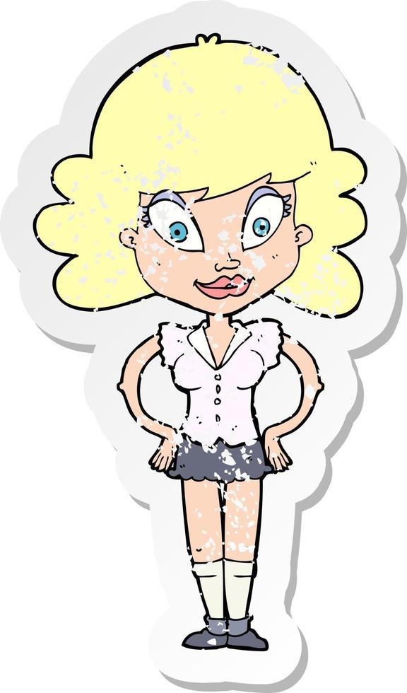 retro distressed sticker of a cartoon pretty woman vector