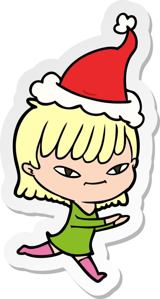 sticker cartoon of a woman wearing santa hat vector