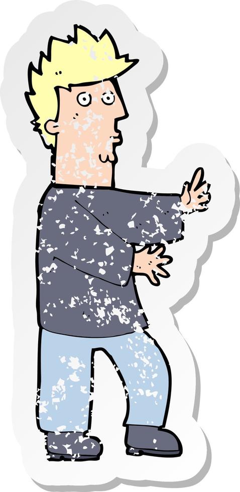 retro distressed sticker of a cartoon nervous man waving vector