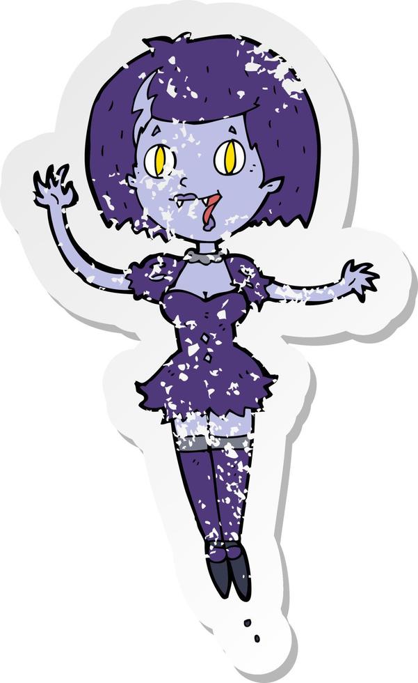 retro distressed sticker of a cartoon happy vampire girl vector