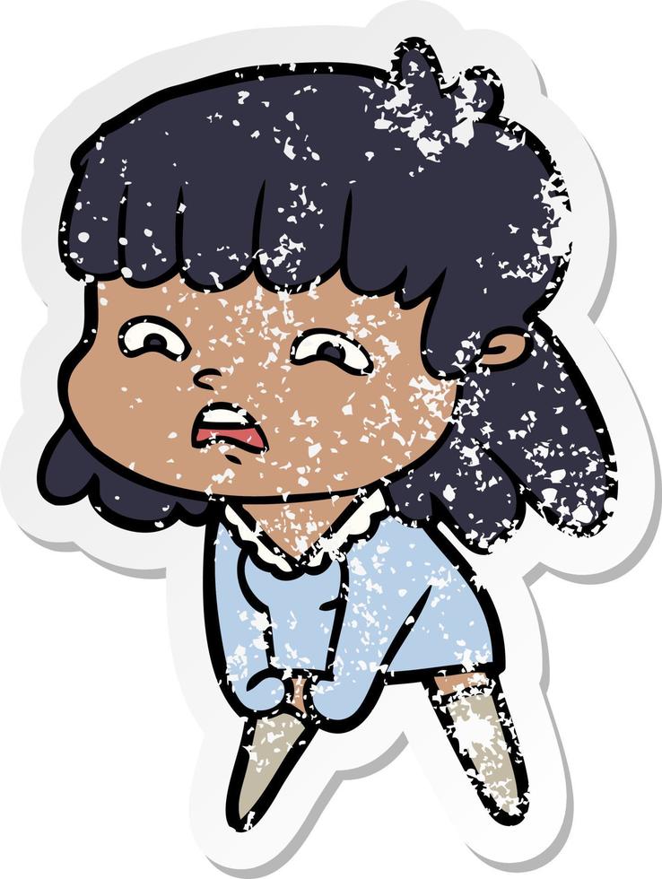 distressed sticker of a cartoon worried woman vector