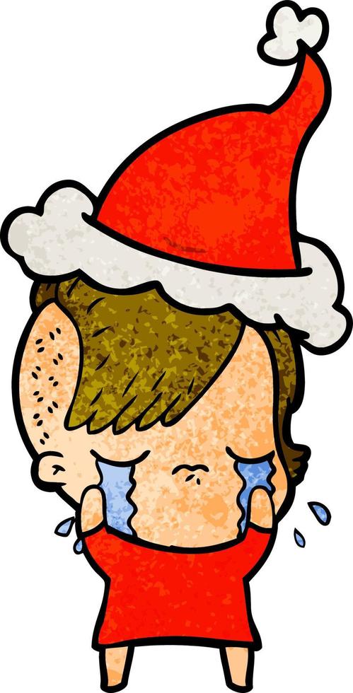 textured cartoon of a crying girl wearing santa hat vector