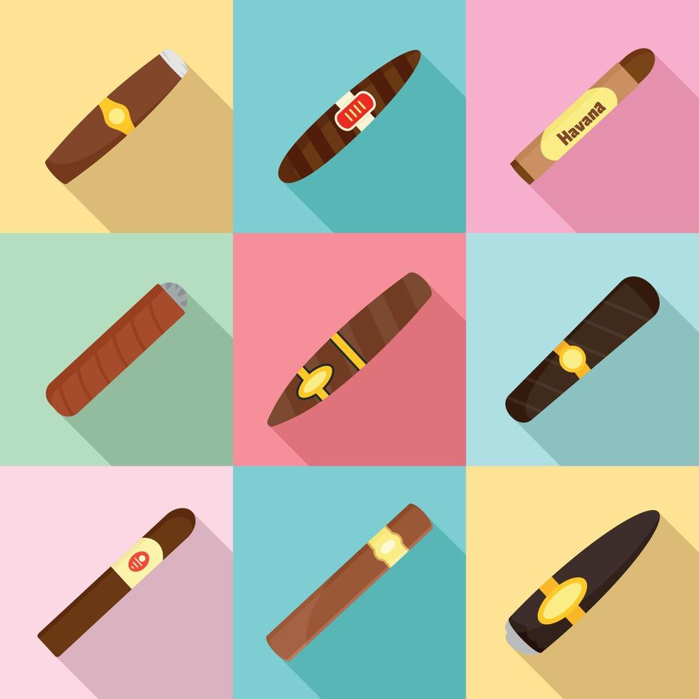 Cigar cuban paper weed icons set, flat style vector
