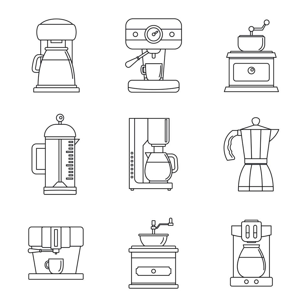 Coffee maker pot espresso icons set, outline style vector