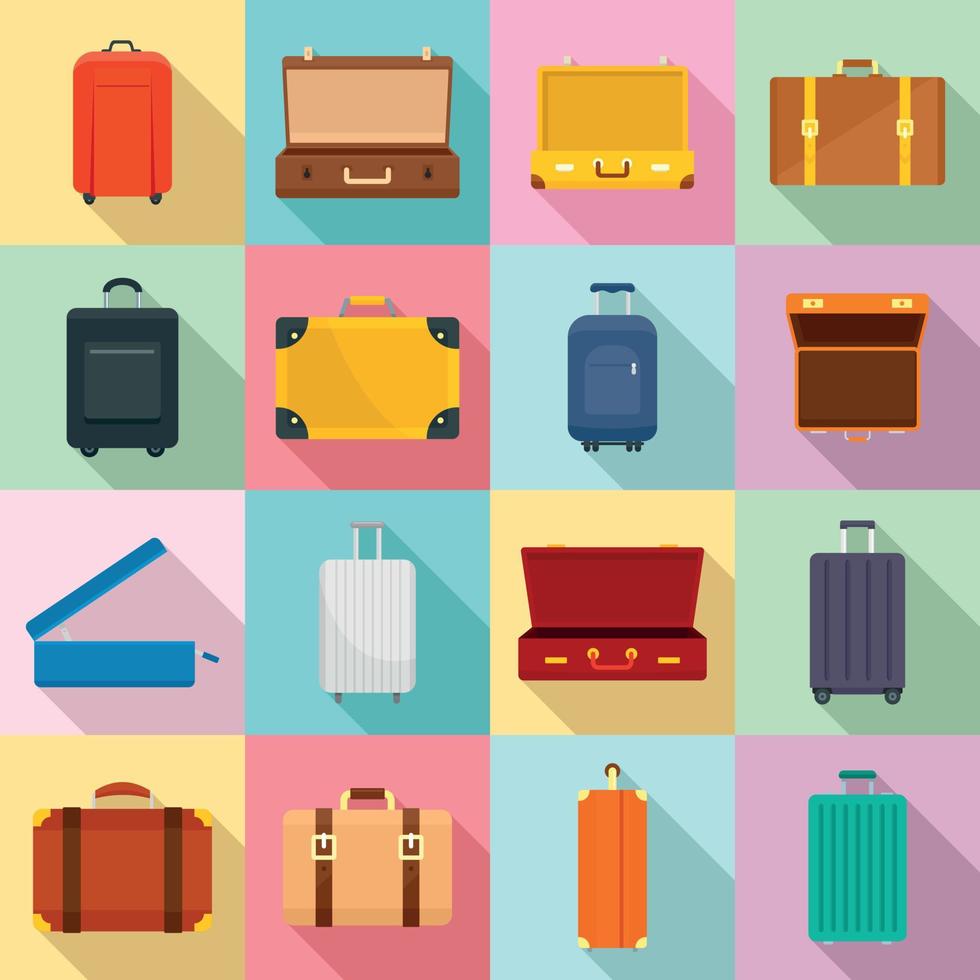 maleta, viaje, equipaje, bolsa, iconos, conjunto, plano, estilo vector