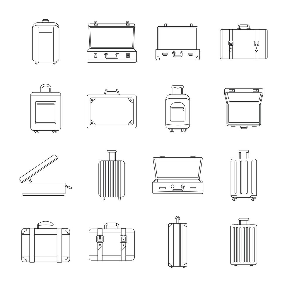 Suitcase travel luggage icons set, outline style vector