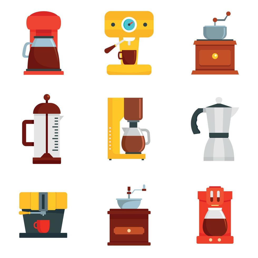 Coffee maker pot espresso icons set, flat style vector