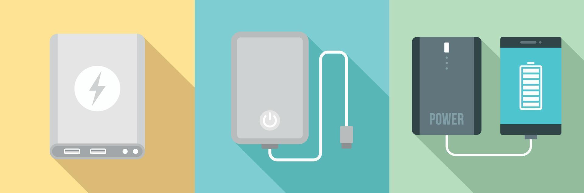 Power bank icon set, flat style vector