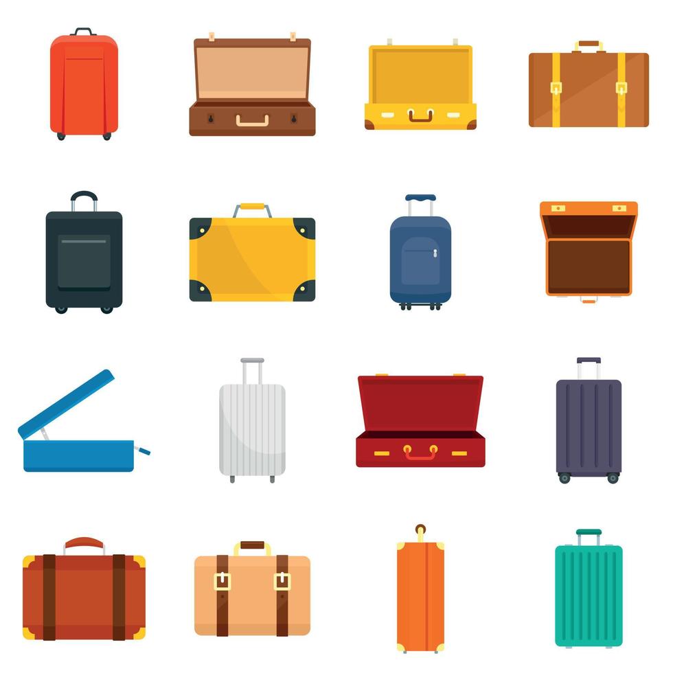 maleta, viaje, equipaje, bolsa, iconos, conjunto, plano, estilo vector