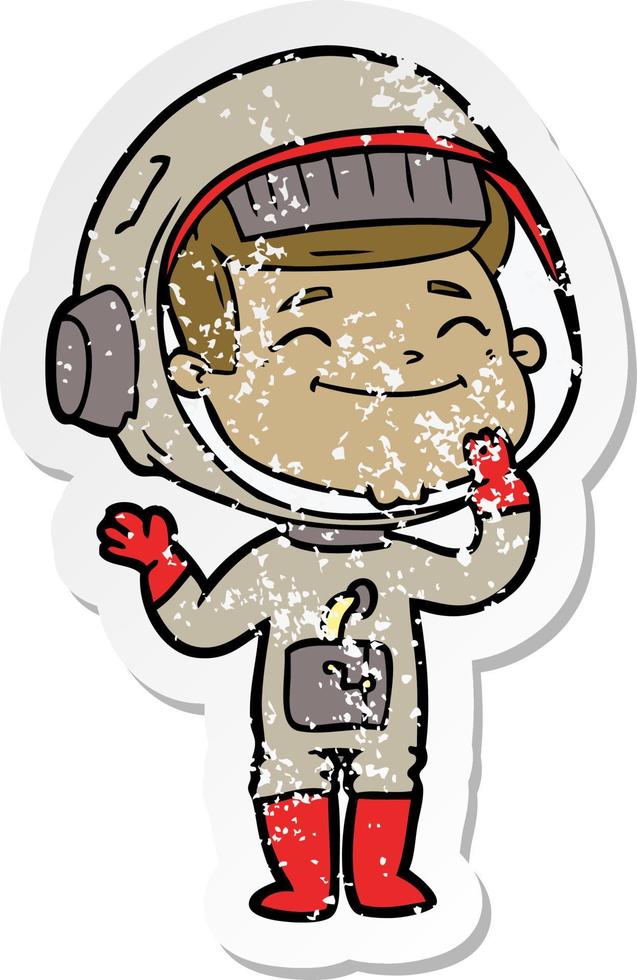 distressed sticker of a happy cartoon astronaut vector