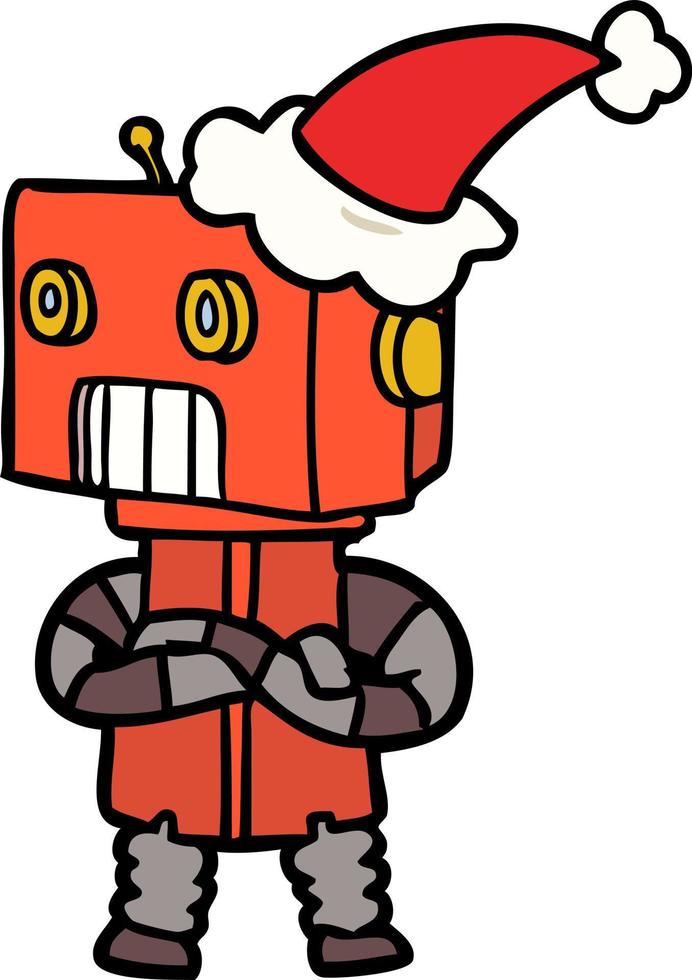 line drawing of a robot wearing santa hat vector