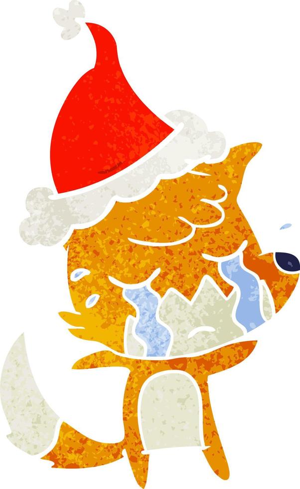 crying fox retro cartoon of a wearing santa hat vector