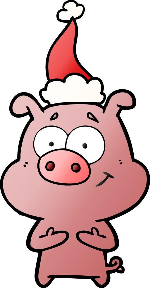 happy gradient cartoon of a pig wearing santa hat vector