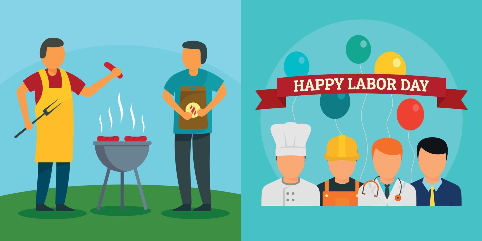 Labor Day workers banner concept set, flat style vector